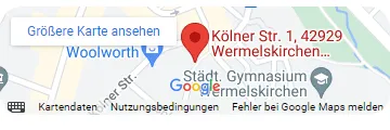 Ein Google Maps Standortpin markiert die Kölner Str. 1, 42929 Wermelskirchen, in der Nähe des Rückenzentrums, des Städt. Gymnasium Wermelskirchen, und Woolworth. Die Navigations- und Therapieoptionen von Google Maps sind am unteren Rand sichtbar.