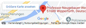Ein Screenshot eines Google Maps-Standorts im Professor-Neugebauer-Weg, 51688 Wipperfürth, Deutschland, mit Kartensteuerungen und Beschriftungen in deutscher Sprache in der Fußzeile, die möglicherweise auf das nahe gelegene Rückenzentrum oder die Therapieoptionen hinweisen.