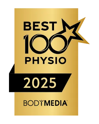 Goldfarbene Plakette mit Best 100 Physio 2025 in schwarzer Schrift und einem Sternmotiv sowie dem BODYMEDIA-Logo am unteren Rand.